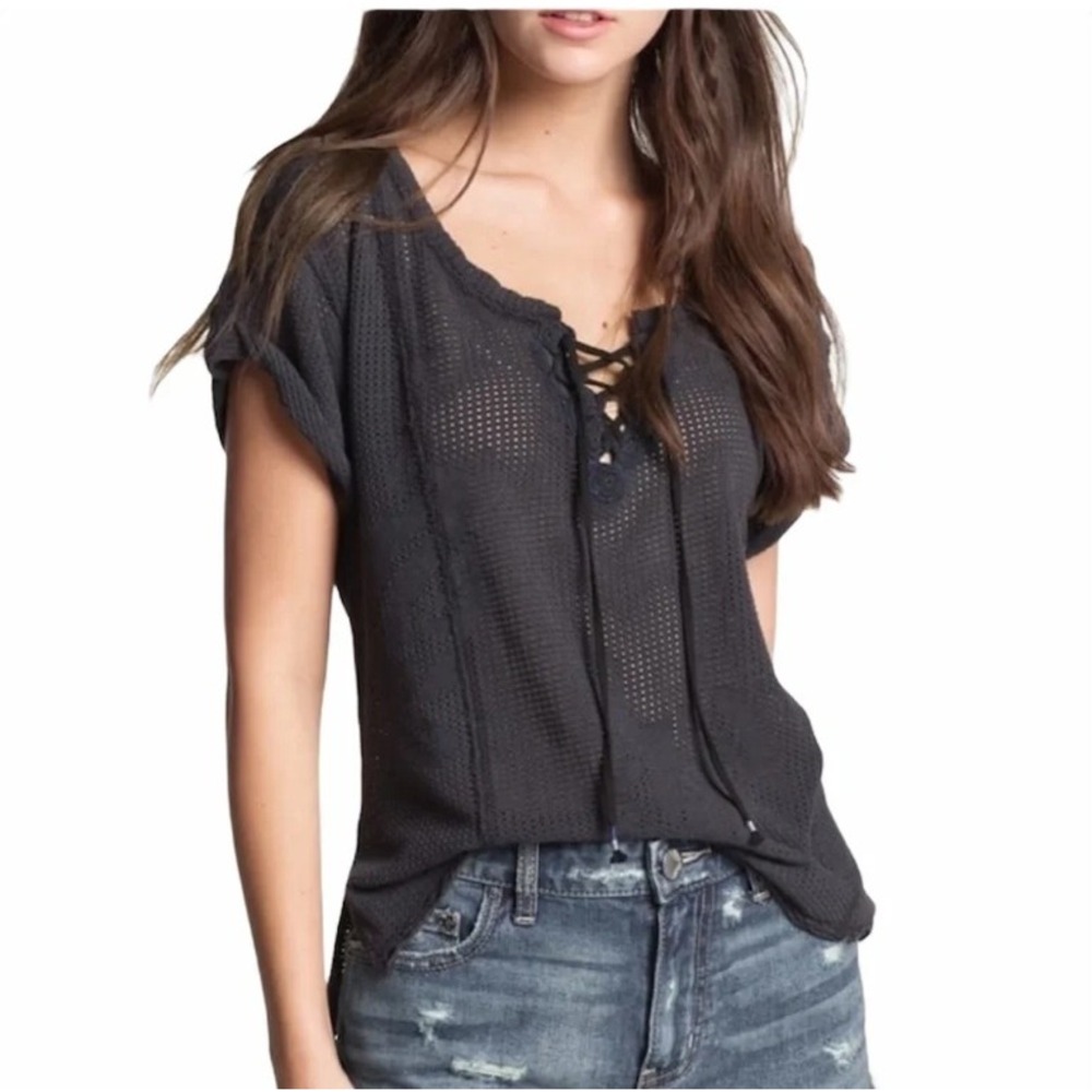 Free People Strawberry Fields Black Pointelle Crochet Lace Up Tassel Top M